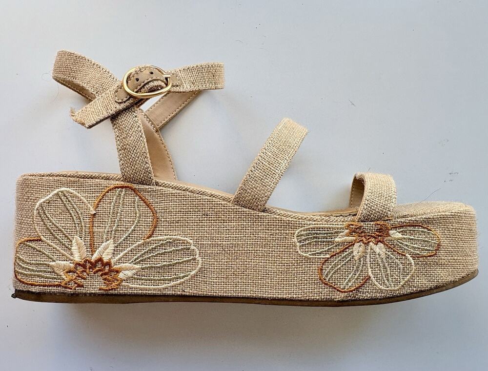 Michael Shannon Platform Sandals Linen Floral Embroidered Strappy Tan Womens 10